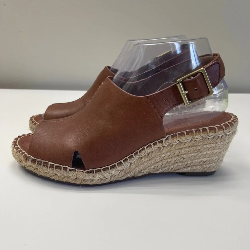 Clarks Artisan Wedge Sandals 7 Pertina Meera Tan Leather Espadrille Peep Toe